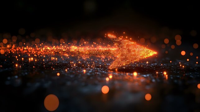 Glowing digital arrow formed by luminous particles with bokeh effect on dark background, symbolizing digital transformation and future direction.