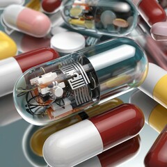 The pill, as a means of delivering nanorobots to the human body, lies next to other simple pills with medicines. The pill shows mechanisms and electronics