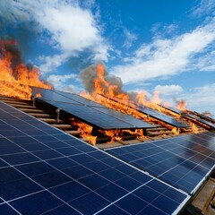 Fire and flames due to short circuit in solar panels on the roof of a house