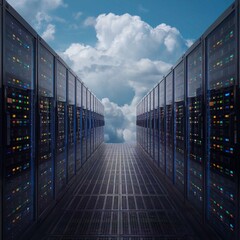data center with 2 rows of servers servers are glowing with lights, which means they are actively working and against the background of the cloud