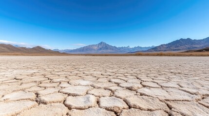 Cracked Salt Flat Dry Lakebed Distant Mountains Vivid High-resolution Wide Angle Textured Surface Desolate Landscape Blue Sky Pale Beige Tones Environmental Photography