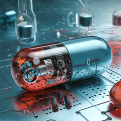 The pill, as a means of delivering nanorobots to the human body, lies next to other simple pills with medicines. The pill shows mechanisms and electronics