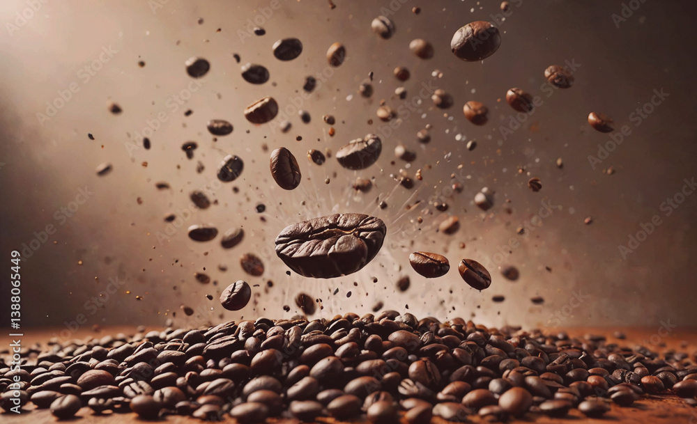 Aufkleber Pile of coffee beans with some of them scattered in the air. The beans are of different sizes and are spread out in various directions