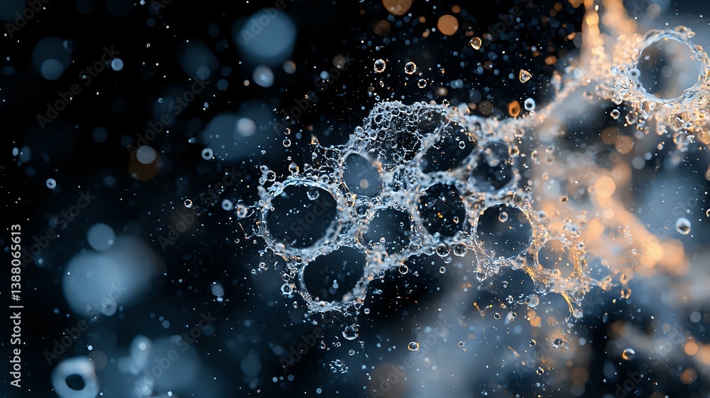Poster dynamic water droplets forming abstract bubble patterns against dark background with orange light fl