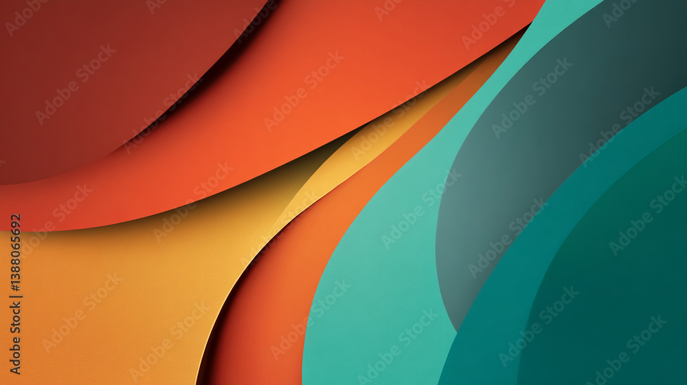 Poster Abstract image of overlapping curved shapes in orange, teal, and gold hues creating a dynamic, modern design suitable for a backdrop or presentation