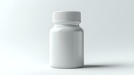 White medicine bottle with cap on light background, pharmaceutical container mockup for pills, supplements or vitamins. Clean minimal design on isolated surface.