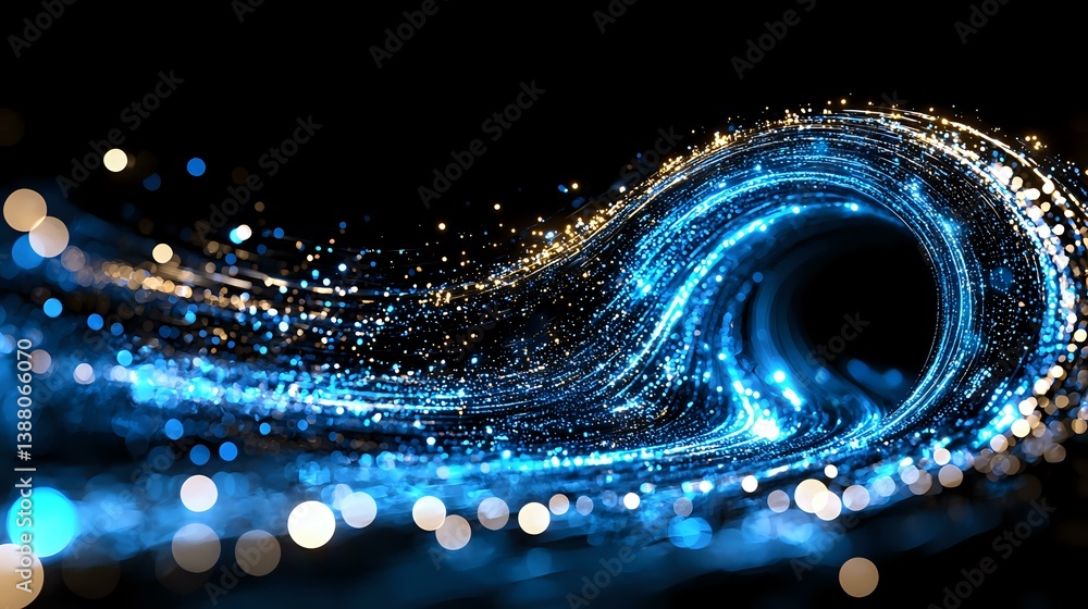 Poster glowing blue wave of light particles with bokeh effect creates dynamic swirl pattern against dark ba
