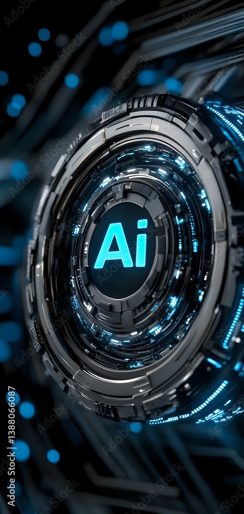 Aufkleber futuristic mechanical lens with glowing blue ai symbol against dark background, featuring circular t