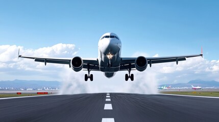 Obraz premium Airplane Taking Off from Runway Against Blue Sky Background