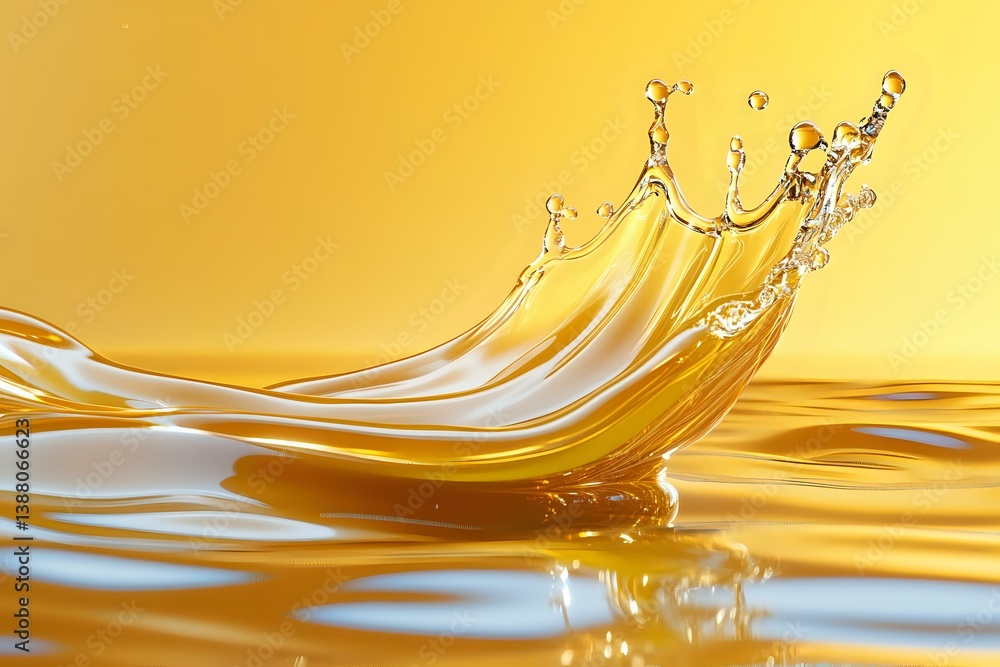 Poster dynamic liquid crown splash on golden background with rippling waves and droplets creating elegant f