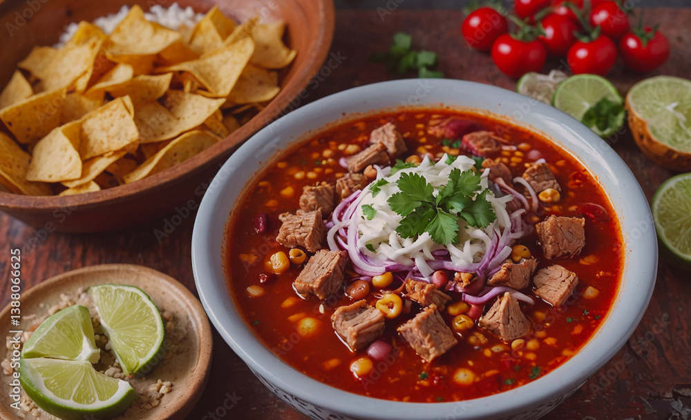 Poster Bowl of chili with meat and beans sits on a table next to a bowl of chips. There are also several limes on the table