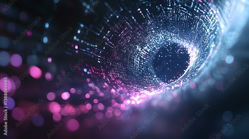 Poster futuristic digital tunnel with glowing pink and blue particles creating dynamic motion effect agains