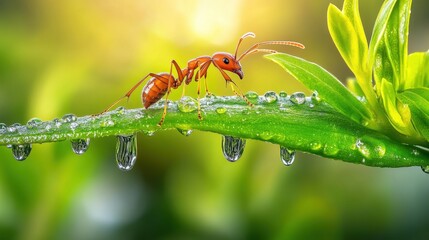 Ant on Leaf with Dew Drops in Lush Green Background