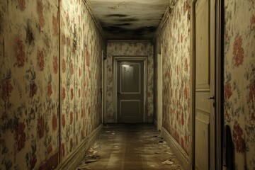 Obraz premium A Long Dark Hallway with Peeling Walls Perfect for Horror and Suspense Themes in Creative Projects