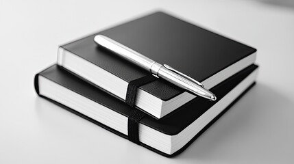 A pair of matching black-and-white notebooks with slim elastic closures
