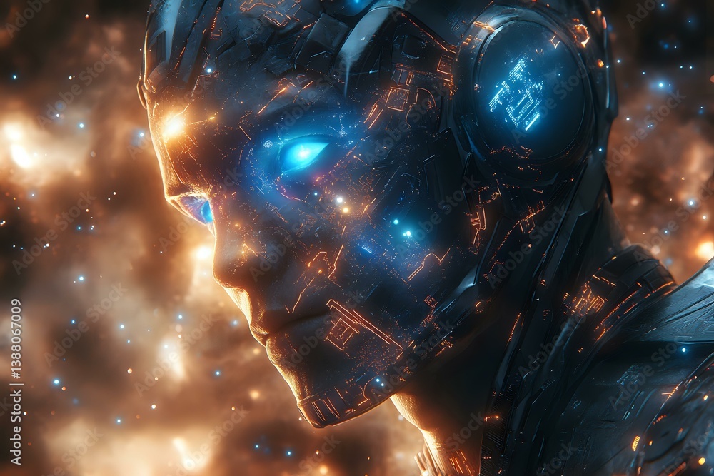 Poster futuristic android face with glowing blue eyes and intricate technological patterns against cosmic b