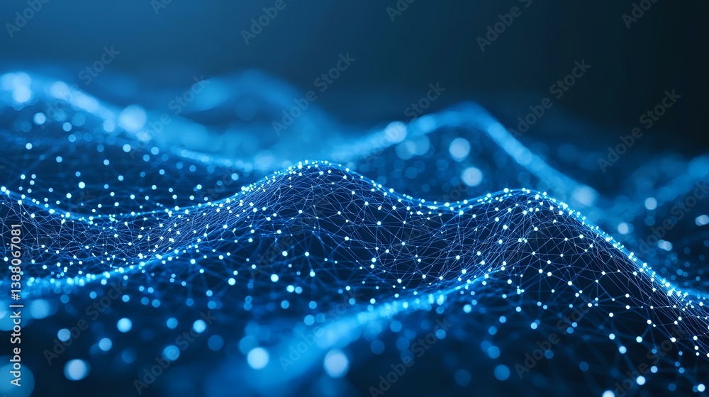 Poster glowing blue particle wave with connected dots forming dynamic network structure against dark backgr