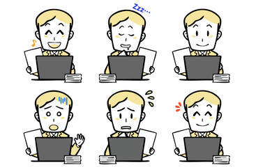 パソコンで仕事をする、スーツを着た若い男性の表情セット