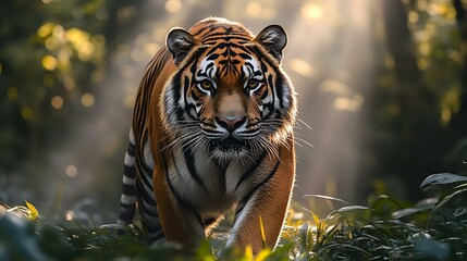 Majestic Bengal tiger walking through sunlit forest with glowing bokeh effect and dramatic lighting, showcasing power and grace in natural habitat.