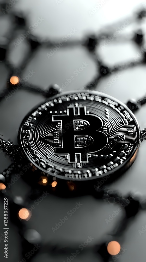 Poster silver bitcoin coin with orange bokeh lights on dark background, macro shot showing detailed cryptoc