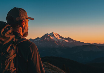 Hiker looking at the sunset behind the Beautiful Mountains