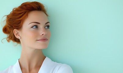Young woman with red hair in updo hairstyle wearing white top looking up thoughtfully against mint green wall background, soft natural makeup and serene expression.