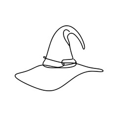 Minimalist witch hat illustration in black line art style  