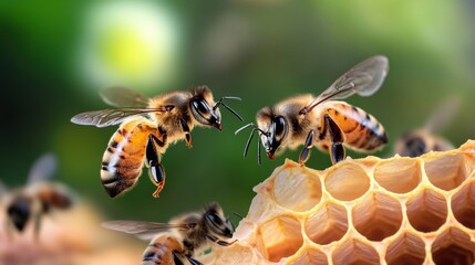 Close-up of Honey Bees Pollinating and Building Honeycomb Structure