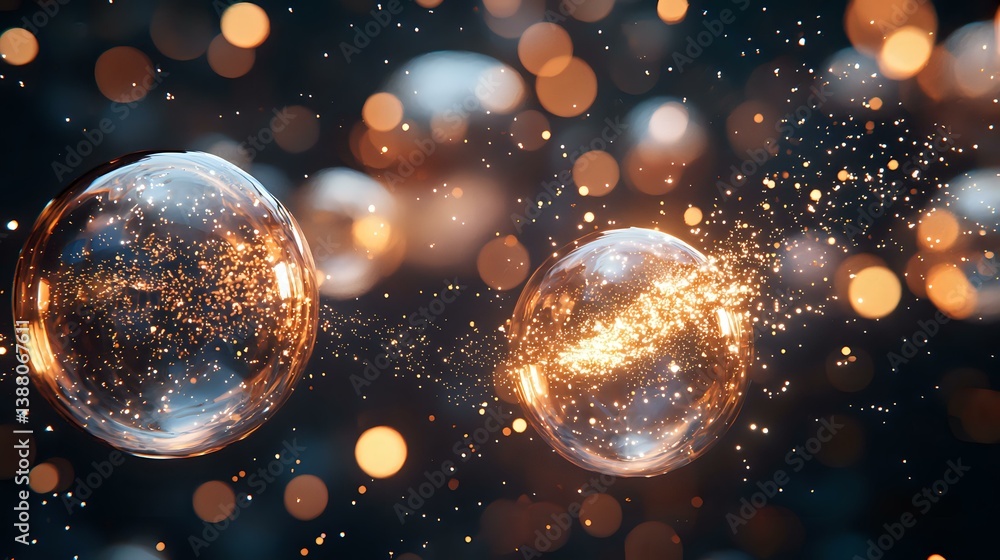 Aufkleber magical glowing glass spheres with sparkles and golden bokeh lights floating in dark space, creating