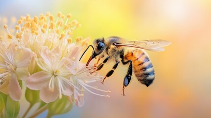Close-Up of a Honeybee Pollinating a Blooming Flower in Nature
