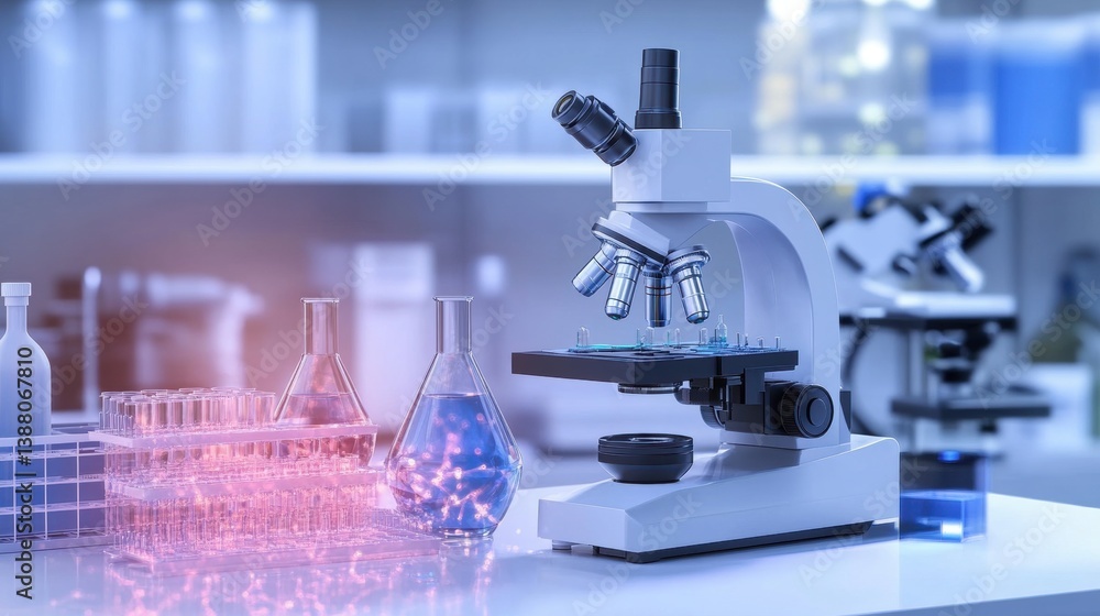 Poster modern laboratory microscope in laboratory setting with samples