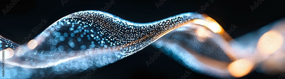 Poster flowing abstract wave with glowing blue particles and orange light effects against dark background c