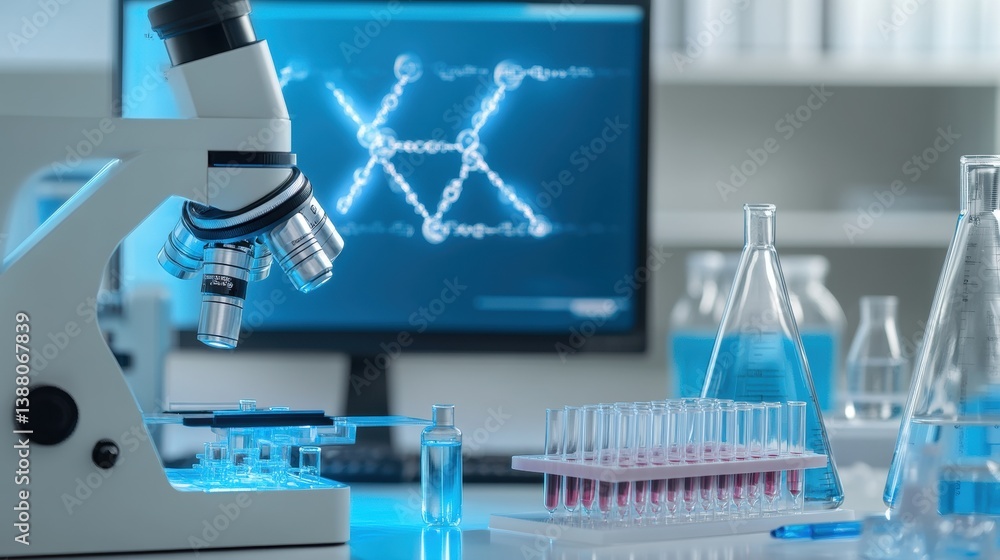 Poster laboratory scene with microscope and test tubes analyzing samples