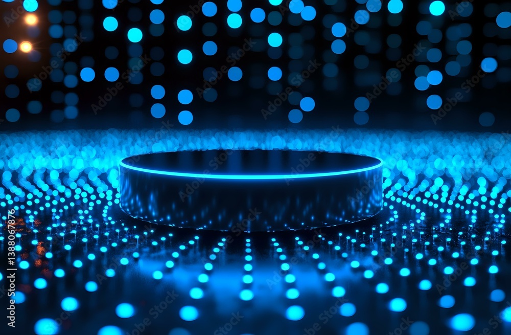 Poster glowing blue circular platform surrounded by illuminated dots creating futuristic display stage with