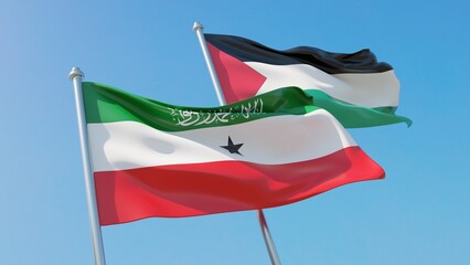 Palestine and Somaliland flags waving on blue sky. Republic of Somaliland and Palestine relations