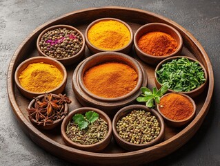 Vibrant Assortment Of Spices And Herbs Displayed In Bowls On Wooden Tray On Dark Surface For Culinary Adventures And Flavorful Cooking Experiences