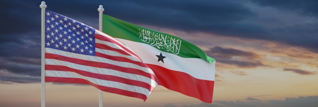 USA and Somaliland flags waving on cloudy sky. Republic of Somaliland and United States of America