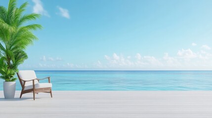 Tranquil beachfront scene.  Relaxing wooden chair and tropical plant on a white wooden deck overlooking a serene ocean