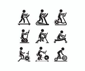 Simple Icons of People Exercising on Various Gym Equipment