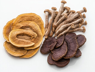 Fototapeta premium Reishi, Shitake Ashwagandha white background, clear space for text