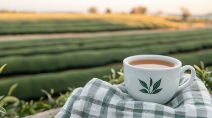 A serene cup of tea rests on a checkered cloth, overlooking lush green fields, creating a peaceful and inviting atmosphere.