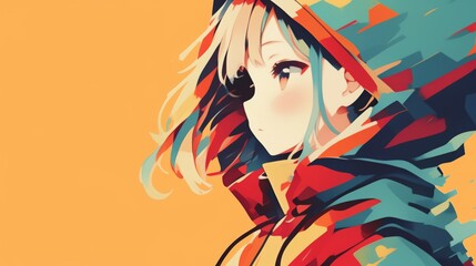 Vibrant Anime Girl in Hoodie, Colorful Abstract Art