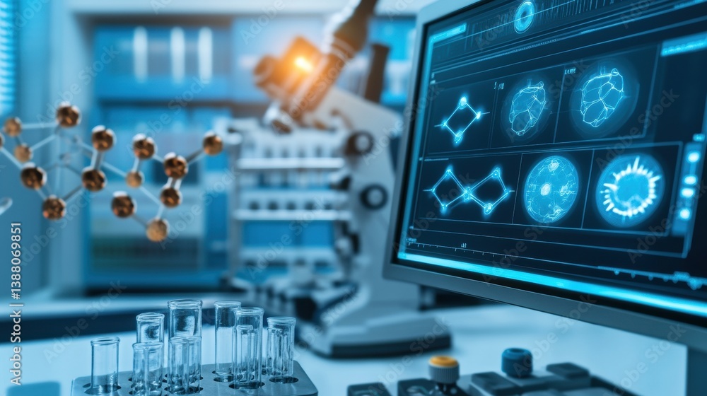 Poster advanced laboratory equipment with microscope and digital display