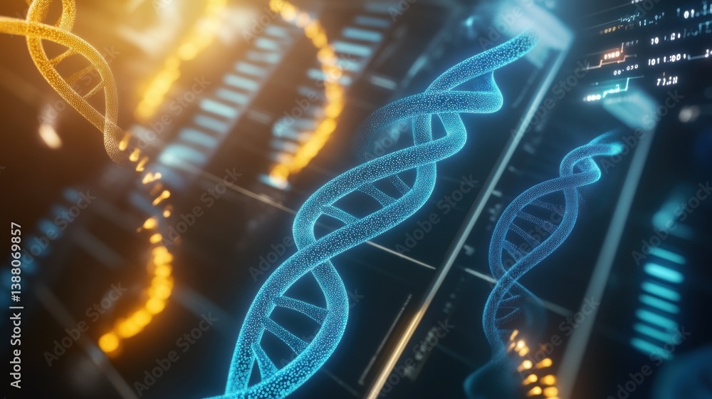Poster digital representation of dna strands with high-tech background