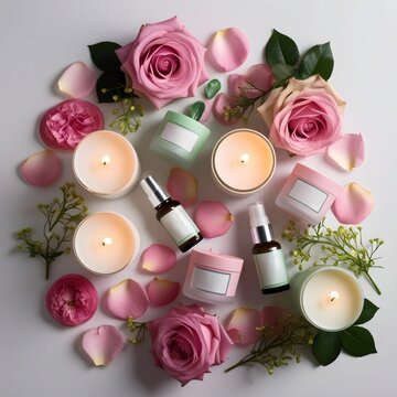 Cosmetics products placed with candles on a background of scattered roses and flower petals.	
