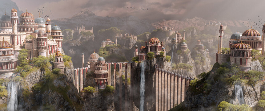 Medieval city on the mountain connected by bridges. Sci-fi fantasy cityscape with parks and waterfalls. 3d render.
