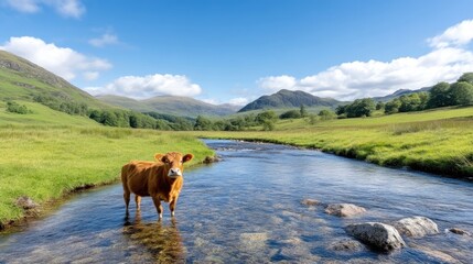 A Highland cow stands in a shallow stream. Rolling green hills and a blue sky form the backdrop. The image is high-resolution, with natural lighting. Its a serene, pastoral scene. Warm colors and