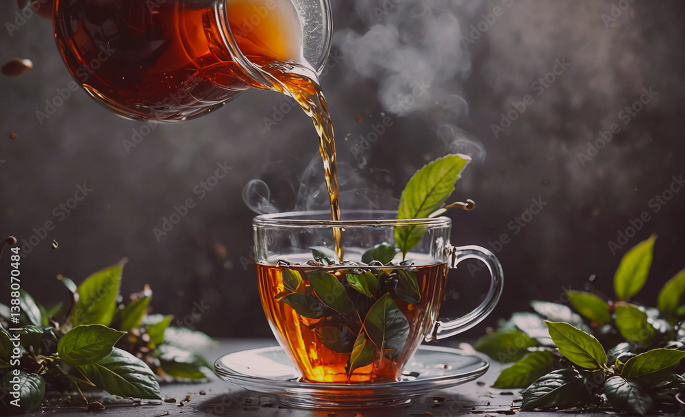Poster cup of tea is being poured into another cup, with a leaf floating in the tea. the leaf is green and 