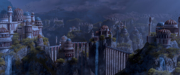 Sci-fi fantasy cityscape with parks and waterfalls. Medieval night city on the mountain connected by bridges. 3d render.
