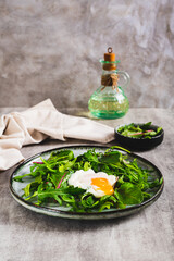 Poached egg in arugula and chard leaves on a plate on a table vertical view
